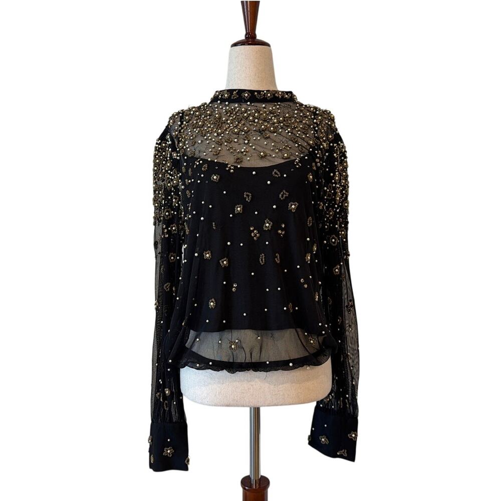 NWT FARM Rio Tulle Bubble Top w/ Faux Pearls & Sequins, Black, Med *W/ FLAWS*